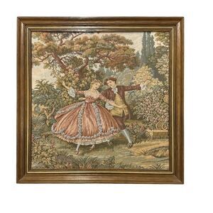 VTG Framed Tapestry Romantic Courting Garden Scene Gold Wood Frame 18 X 18"